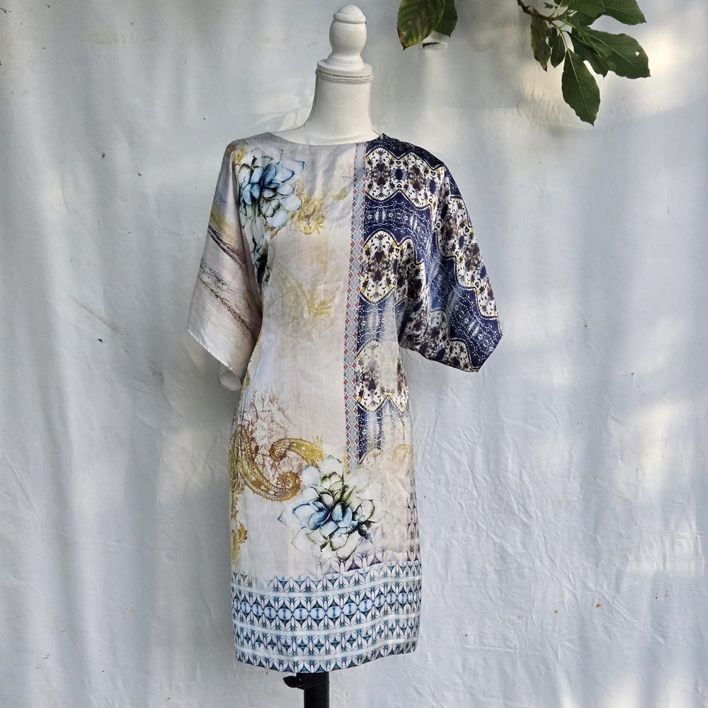 Chico's Asymmetrical Dress in Blue, Gold, and Cream